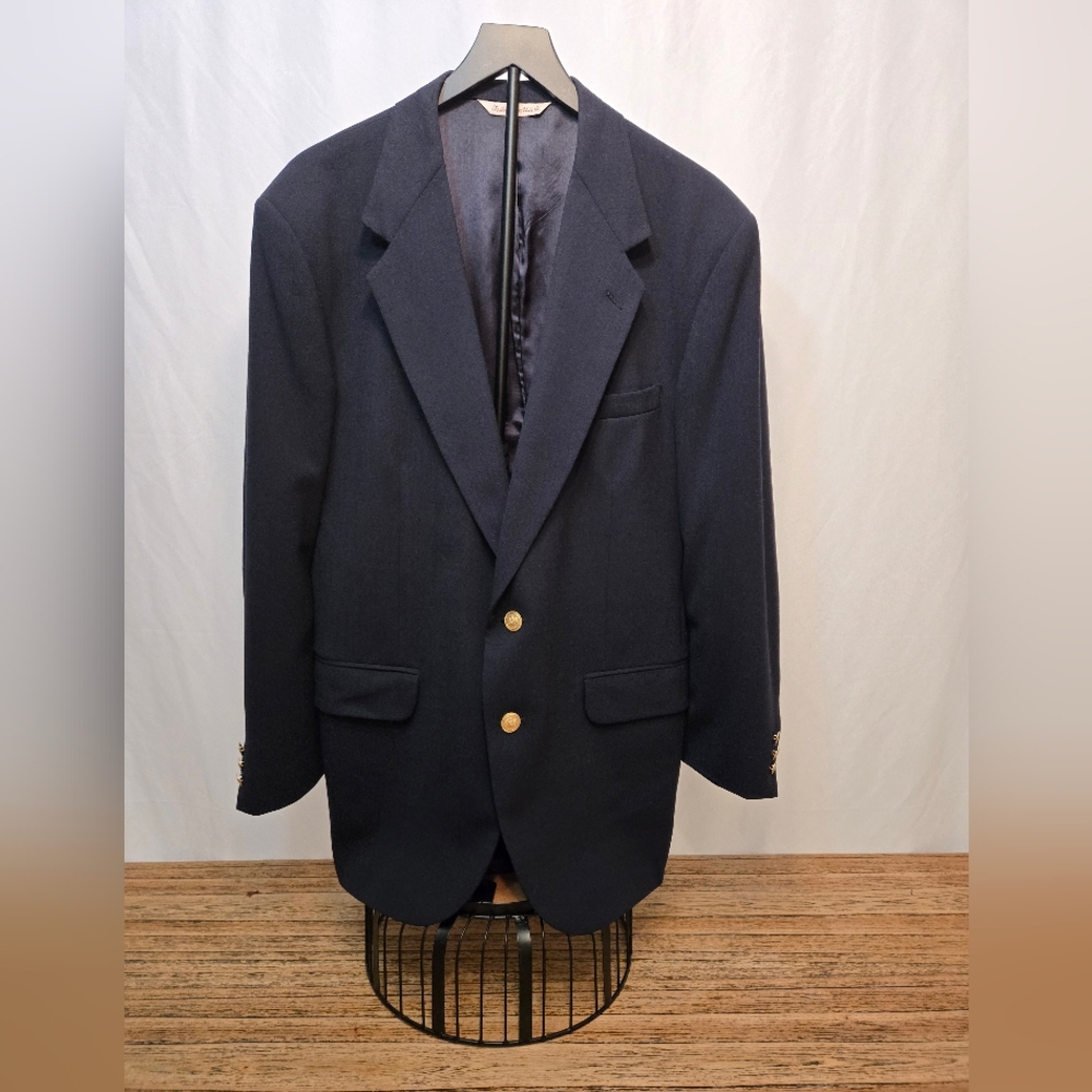Stafford 100% Worsted‎ Wool Navy Blue Mens Blazer 43R With Gold Buttons